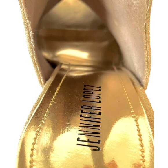 Jennifer Lopez Sasha Bling Champagne Suede Slingback Gold Stud Peep Toe Heels-9M - Picture 8 of 15